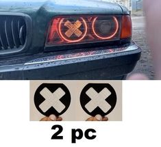 two pics of the front end of a car with an x and r on it