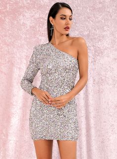 Silver One Shoulder Sparkly Sequins Bodycon Mini Party Dress LE98619 - PURPLE, M Multicolor Sequins, Pencil Skirt Dress, Sequin Bodycon Dress, Party Kleidung, Silver Dress, Long Sleeve Bodycon, Asymmetrical Dress, Long Sleeve Mini Dress, Mini Dress Party