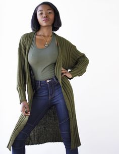 Our Incense long cardigan features oversized bell sleeves that are narrow at the wristband a straight cut. Comes also in gray. Runs true to size. Has a fair amount of stretch. S= 2-4; M= 6-8, L= 10-12 Model is 5'8 wearing size S CARE This is a cruelty free piece made carefully and ethically for Blue District, preserve its life by reading and following the tag guidelines. Tip: When in doubt, air dry your garment! It helps the planet and it'll stay in shape longer. ● Machine wash cold ● 100% acryl Swag Clothes, Olive Cardigan, Flattering Outfits, Facebook Style, Vegan Fashion, Women Clothing Boutique, Petite Fashion, Green Fabric, Long Cardigan