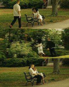 two people sitting on park benches in front of a tree and one person walking down the sidewalk