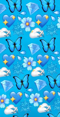 a blue background with hearts, stars and butterflies in the shape of kites flying through the sky