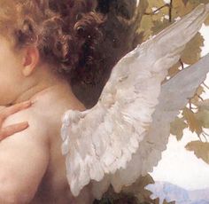 an angel with large white wings is hugging a woman's chest