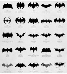 the evolution of batman logos, from earliest to present in black and white poster print