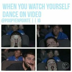 a man sitting in front of a screen with his hands on his face and the caption'when you watch yourself dance on video @ poopyenpointe 1 / 16