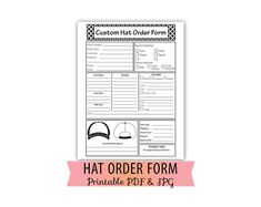 the printable hat order form is shown in black and white, with pink ribbon around it