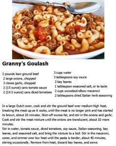 an image of a bowl of pasta with meat and sauce on the side, labeled granny's goulash