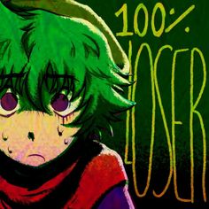 an anime character with green hair and big eyes, wearing a red shirt that says 100 % closer