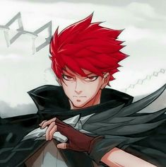 an anime character with red hair and black cape holding his hand on his chest while looking at the camera