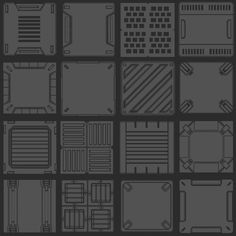 a bunch of different shapes and sizes of tiles on a black background with white lines