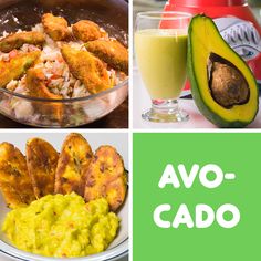 there are four pictures with different foods and drinks on the same page, including avocado