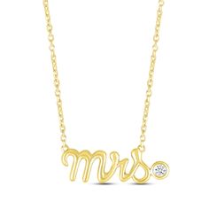 Honor a bride-to-be or blissful newlywed with the elegant sparkle of this necklace. "Mrs." is crafted in a pretty script font styled in 10K yellow gold with a rhodium finish. A bezel-set diamond accent punctuates the design with a touch of sparkle. The word art pendant suspends from an 18-inch cable chain that secures with a spring ring clasp. Elegant Personalized Diamond Necklace For Wedding, Personalized Diamond Wedding Necklace, Elegant Personalized Wedding Diamond Necklace, Gold Bridal Necklace For Anniversary, Personalized Gold Diamond Necklace For Wedding, Yellow Gold Name Necklace With Diamond Accents For Wedding, Yellow Gold Diamond Accented Name Necklace For Wedding, Wedding Yellow Gold Name Necklace With Diamond Accents, Elegant Wedding Name Necklace With Initials