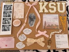 a bulletin board with pictures, photos and other items attached to it on a carpet