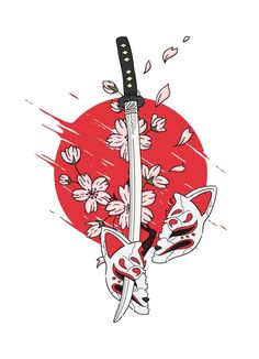 a drawing of two swords with flowers on them