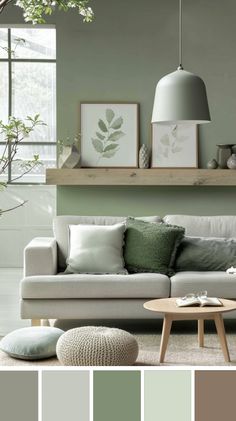 a living room filled with furniture and green paint color swatches on the walls,