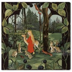 an image of a woman surrounded by animals in the forest with berries on her head