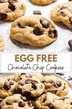 egg free chocolate chip cookies on a white plate with text overlay that reads egg free chocolate chip cookies