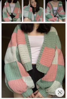 Patchwork Cardigan Color Ideas, Cute Cardigans Crochet, Crochet Square Sweater Pattern, Crochet Pattern For Sweater, Knitting Inspiration Sweaters & Cardigans, How To Crochet Cardigan, Patch Crochet Cardigan, Cute Crochet Sweater Patterns, Crochet Cardigan Layout