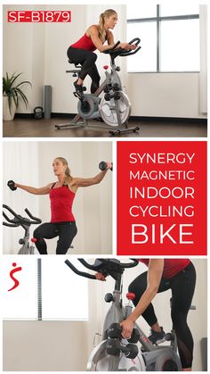 there is a woman on an exercise bike in the gym with text overlay that says synergy magnetic indoor cycling bike