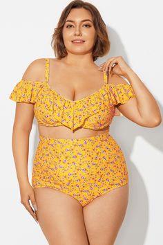 Yellow Floral Ruffled Underwire Women Bikini Top Fitted Ruffled Underwire Swimwear, Fitted Underwire Swimwear With Ruffles, Fitted Underwire Ruffle Swimwear, Summer Swimwear With Ruffles And Underwire, Ruffled Underwire Swimwear For Vacation, Underwire Ruffled Swimwear For Vacation, Yellow Ruffled Swimwear For Beach Season, Fitted Yellow Swimwear With Ruffles, Yellow Ruffled Sleeveless Swimwear