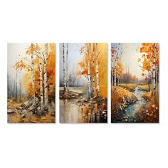 three paintings of trees with yellow leaves and water in the foreground, one is painted on