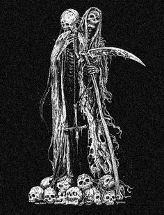 a skeleton holding a knife standing next to skulls