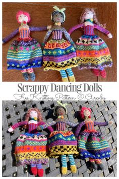 three knitted dolls sitting next to each other on a wooden surface with text overlay that says scrappy dancing dolls