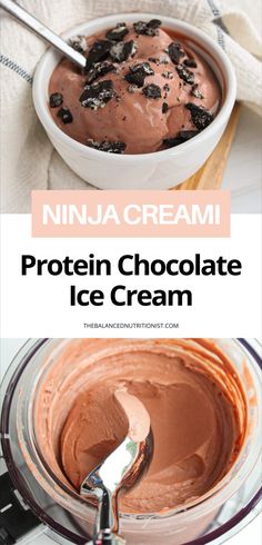 chocolate ice cream in a glass bowl with a spoon and text overlay that reads, protein chocolate ice cream