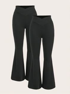 Tween Girls Fitted Casual Minimalist Comfortable Flare Pants Black Knit Leggings Set Black Elegant    Plain Regular Medium Stretch Fall/Winter Tween Girls Clothing, size features are:Bust: ,Length: ,Sleeve Length: V Waist Flare Leggings, Cute Bottoms For Women, Y2k Leggings, Flair Leggings, Black Flare Leggings, Shein Leggings, Goth Leggings, Black Flares, Leggings Winter