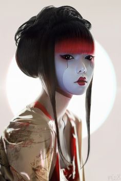 a woman with red hair and white make - up is wearing a geisha outfit