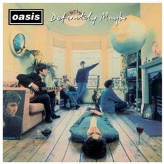 the oasis album cover with an image of people sitting in a living room and one person laying on the floor