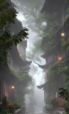 an alley way in the rain with lots of trees and bushes on both sides of it