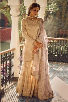 Buy Yellow Organza V Neck Embroidered Kurta Sharara Set For Women by Varun Bahl Online at Aza Fashions. Velvet Dupatta, Gharara Suits, Pakistani Wedding Dresses, Lehenga Saree, Desi Wedding, Sharara Set, Sequins Embroidery, Pakistani Outfits, Pakistani Wedding