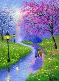 a painting of a person with an umbrella and dog walking down a path in the rain