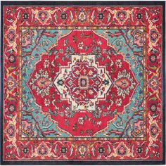 a red and blue rug with an ornate design on the center, surrounded by smaller flowers