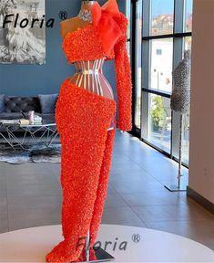 Fashion Orange One Shoulder Prom Dress Flower Petal See Through Waist Slit Floor Length Celebrity African Wear For Women, African Evening Dresses, African Party Dresses, Chic Evening Dress, Evening Wear Dresses, African Wedding Dress, Long Evening Dress, Evening Dress Fashion, Women's Evening Dresses