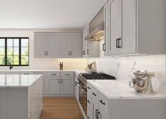 a large kitchen with white cabinets and marble counter tops is pictured in this artist's rendering