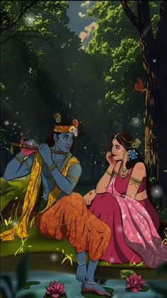 a man and woman sitting next to each other in front of a forest filled with trees