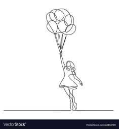 a girl holding balloons in the air with her hand drawn by one line on white background