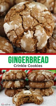 gingerbread crinkle cookies stacked on top of each other with the title above it