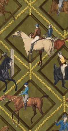 an image of horses and jockeys on the same pattern as they ride in opposite directions