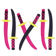 four pink and black swords with yellow straps on each one, set against a white background