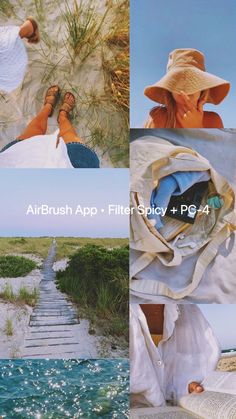 the collage shows photos from different places including water, sand and grass with text that reads airbrush app filter policy plus