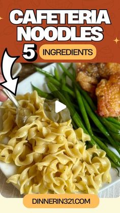 there is a plate of food with noodles and green beans on it, along with chicken wings