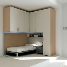 a bedroom with a bed and cupboards in it