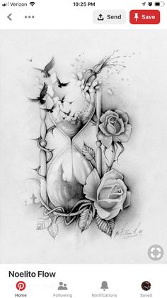 a black and white photo with roses on the bottom right corner, and an image of a