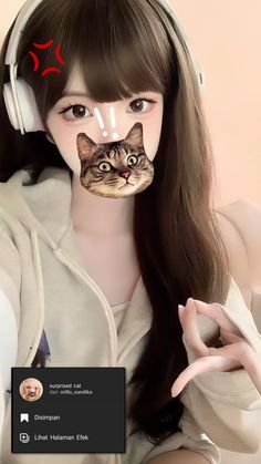 a girl with headphones and a cat face