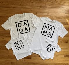 *Please specify in the personalization if you are purchasing the "dada," "mama," "mini" or "baby" design* Shirt color pictured: 1) white 2) heather athletic gray/pink/team purple 3) heather columbia blue 4) pink The ink color will be black or white depending on the shirt color chosen. Shirt color may vary slightly. Shipping: Items typically ships in 5-10 business days. Refunds/Exchanges: All items are made to order. We will not accept refunds or exchanges unless there is a mistake or error on ou Silly Shirt, Mama T Shirt, Mama Sweatshirt, Columbia Blue, Baby Design, Baby Shirts, Mini Fashion, Matching Shirts, Ink Color