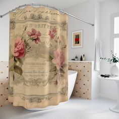 "Transform your bathroom into a charming retreat with our Pink Roses Old Script Certificate Shower Curtain. This shower curtain is perfect for those who adore French vintage-inspired decor and shabby chic aesthetics. Featuring a delicate pink rose pattern against an old script background, this curtain adds a touch of elegance to any bathroom. The rustic design is perfect for creating a cozy and inviting atmosphere Made with 12-stitch enforced eyelets and a 100% polyester material, they provide long-lasting decoration. .: 100% Polyester .: One size: 71\" × 74\" .: 12 stitch-enforced buttonholes .: One-sided print .: NB! Hooks not included" Elegant Shower Curtain Ideas, Rustic Shower Curtain, Old Script, Script Background, Lace Shower Curtains, Shabby Chic Shower, Shabby Chic Shower Curtain, Rustic Shower Curtains, Cottage Curtains