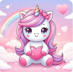 a cute little unicorn sitting on top of a cloud with a heart in its paws