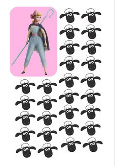 a bunch of sheep with some black and white faces on them, in front of a pink background